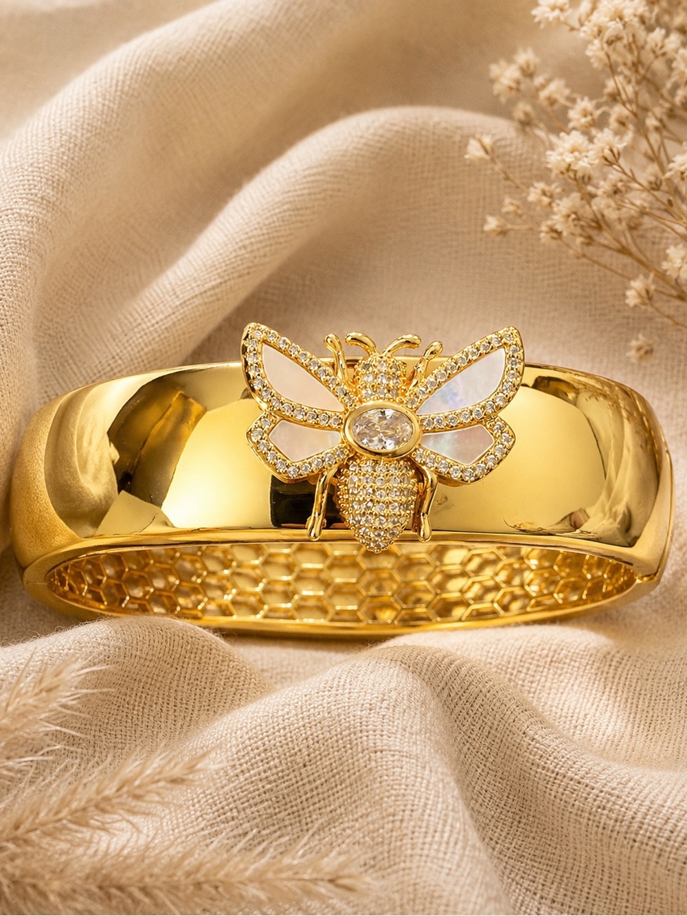 🐝 Gold Bee Statement Cuff Bracelet |Crystal Pearl Wing Honeycomb Hinged Bangle